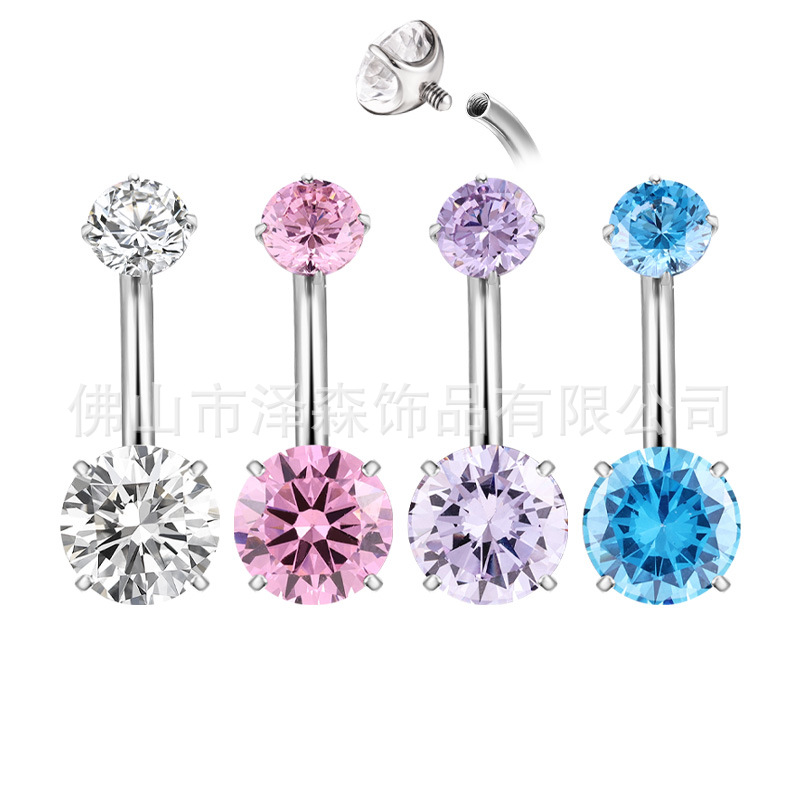 F136 Titanium Alloy Four-Claw 5A Round Zircon Navel Ring G23 Titanium Belly Button Jewelry - Image 4