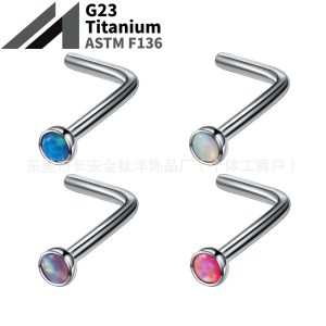 F136 Titanium L-Shaped Opal Nose Stud Nose Ring Lip Stud G23 Titanium Body Piercing Jewelry Nose Ornament
