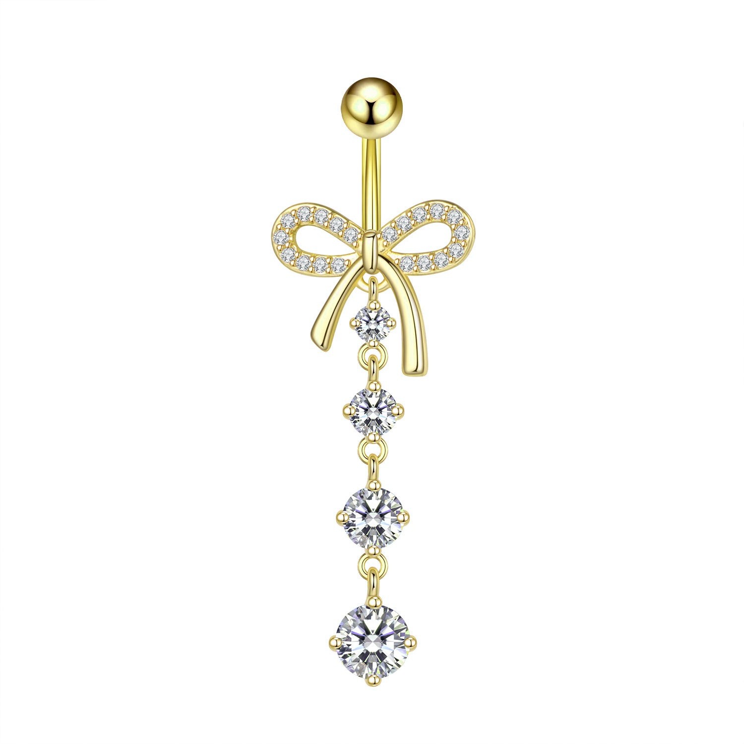 2024 New Fashion Simple Long Bow Zircon Belly Button Ring Navel Piercing Jewelry Copper Gold - Image 2