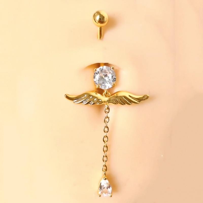 Gold Copper Inlaid Zircon Angel Wing Stainless Steel Pendant Belly Button Ring - Image 4