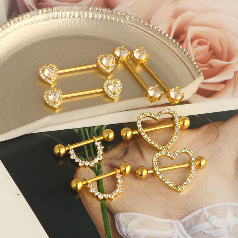 Rose Gold 4 Pairs Breast Ring Set Stainless Steel Zircon Diamond-embedded Nipple Jewelry Wholesale - Image 5