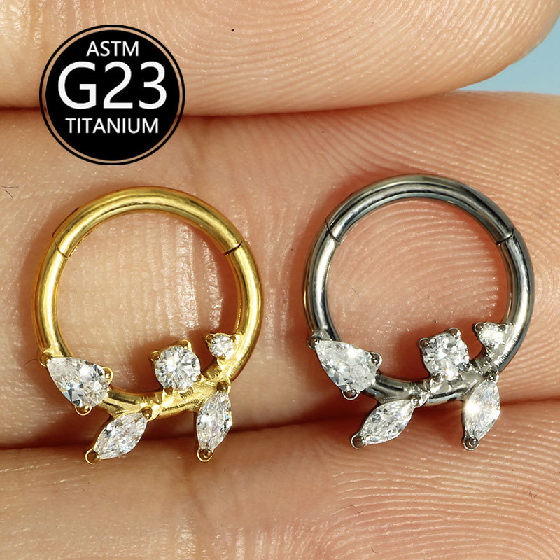 G23 Titanium ASTM F136 Zircon Leaf Shape Nose Ring Septum Hoop Ear Bone Piercing Jewelry - Image 3