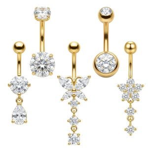 5-Piece Stainless Steel and Copper Belly Ring Set with CZ Water Drop Navel Jewelry
