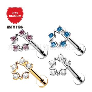 G23 Titanium Alloy Star Cut Out Piercing Jewelry with Zircon Inlaid - Gold Clear White H15 - Ear Cartilage Stud 1.2x10mm