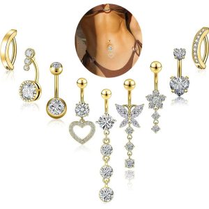 9 Pieces Stainless Steel Belly Button Ring Set Copper Inlaid Zircon Water Drop Heart Shaped Belly Piercing Jewelry
