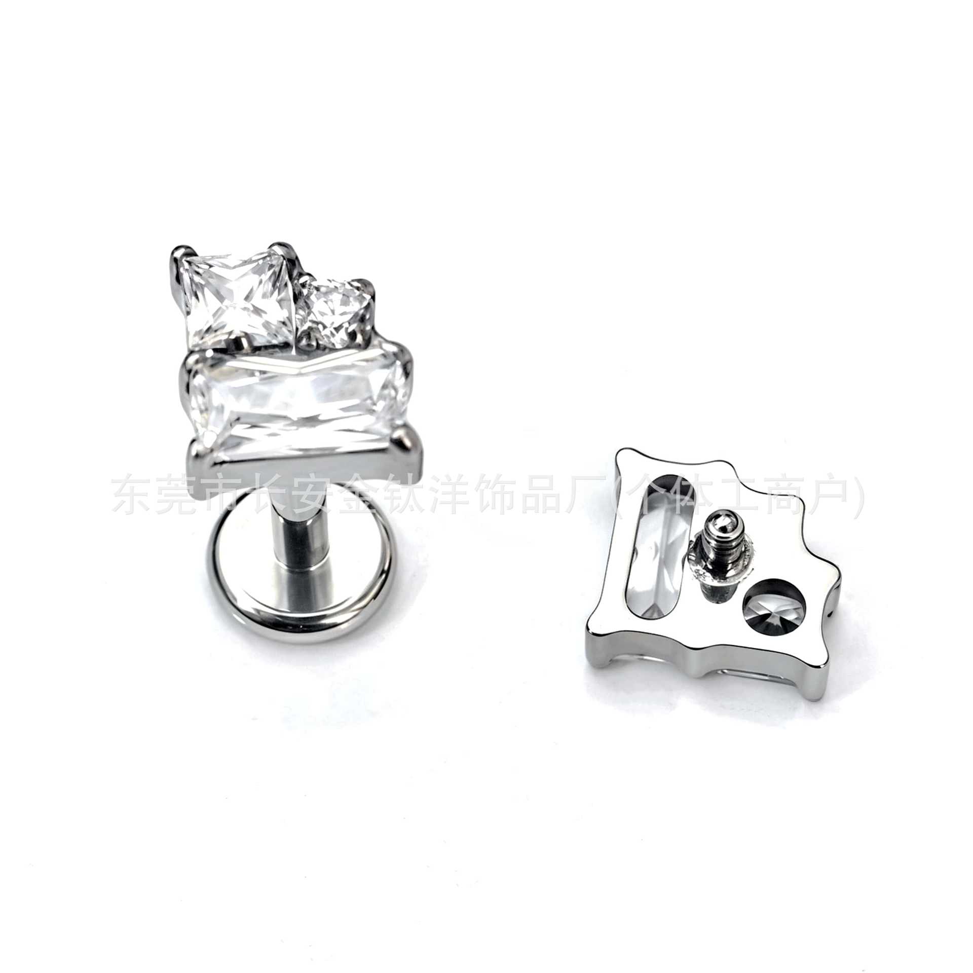 F136 Titanium L-Shaped Square Zirconia Lip Nose Ear Stud - G23 Titanium Alloy Body Piercing - Image 3