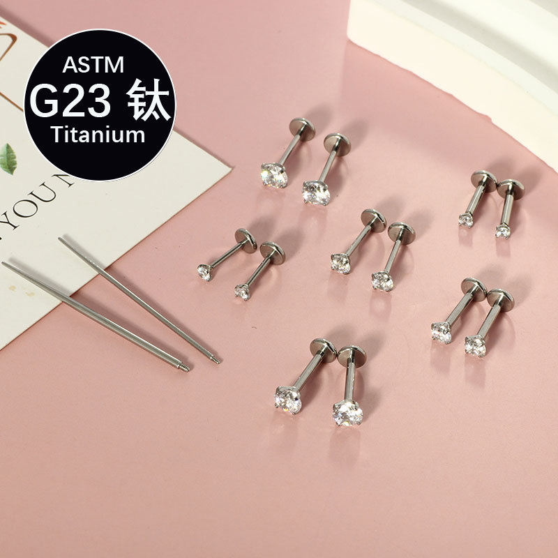 G23 Titanium Labret Stud with Zircon Gem - Internal Thread Ear Bone Cochlear Flat Bottom Lip Piercing Jewelry 1 Piece - Image 3