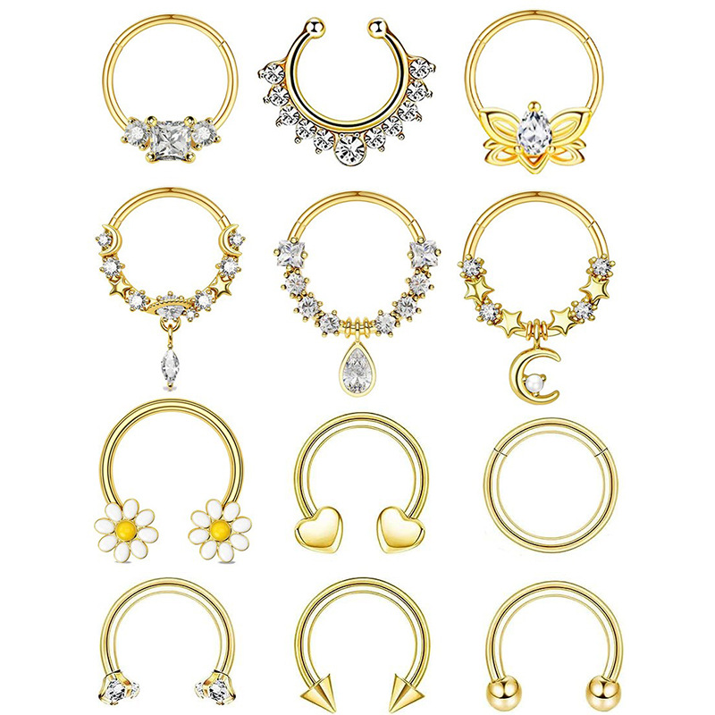 Amazon Hot Sale Nose Ring Set Stainless Steel Micro Inlaid Zircon Chrysanthemum Nose Ring Trend Puncture Nose Nail 12-Piece Set - Image 4