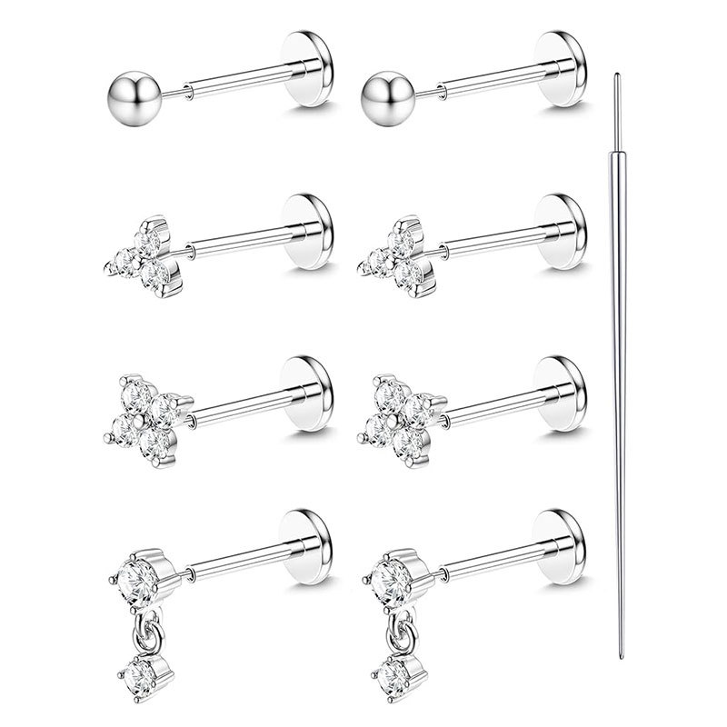 9-Piece Stainless Steel Lip Nail Earrings Set Insert Rod 6/7/8mm CZ Zircon Tongue Piercing Jewelry - Image 5