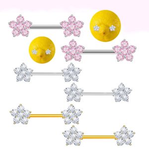 14G Micro-Inlaid Zircon Peach Heart Nipple Ring Stainless Steel Flower Nipple Piercing Jewelry for Women Sold in Pairs