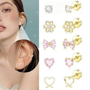 10PCS Stainless Steel Earring Set - Heart Flower Ear Bone Studs, Piercing Jewelry for Men Women