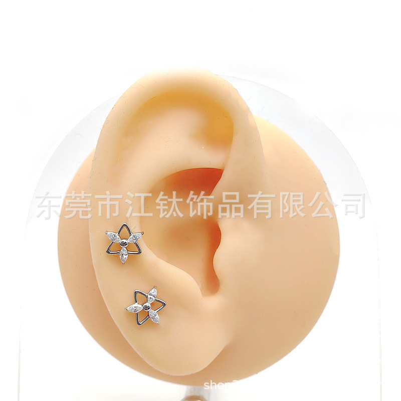 G23 Titanium Ear Bone Nail Triangular Flower CZ Stud Earring Body Piercing Jewelry - Image 2
