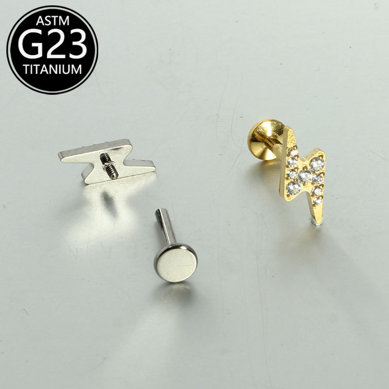 F136 Titanium Labret Stud with Lightning-Shaped CZ Inlay 6-10mm G23 Titanium Alloy Body Piercing Ear Cartilage Stud - Image 4
