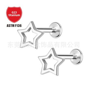 F136 Titanium Five-pointed Star Ear Stud Carved Star Lip Stud G23 Titanium Alloy Piercing Jewelry Ear Cartilage Nail