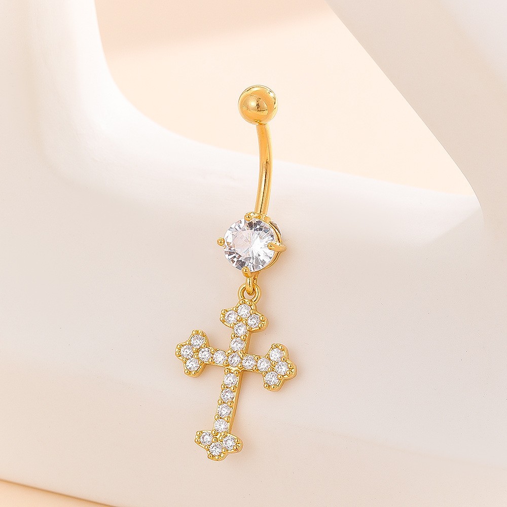 Gold Cross Pendant Navel Ring 16G Belly Button Piercing Jewelry Fashion Stone Inlaid - Image 2