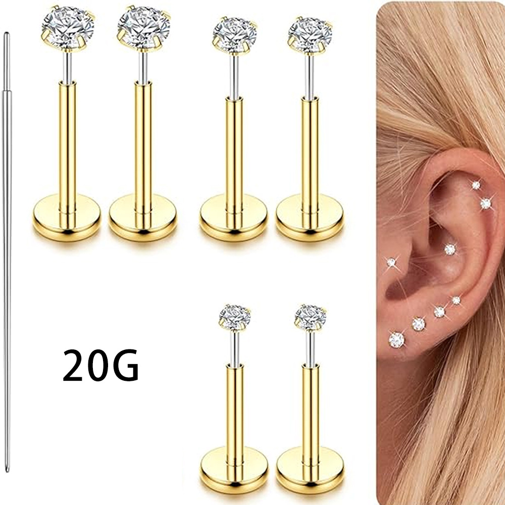 Stainless Steel Classic Basic Zircon-Inlaid Barbell Nose Stud Lip Stud Ear Cartilage Stud 20G Piercing Jewelry - Image 5