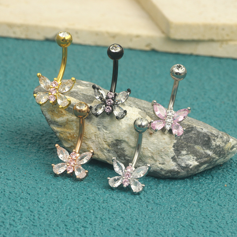 Pink Butterfly Navel Ring 16G Stainless Steel Belly Button Jewelry Heart Shape Four Colors - Image 4