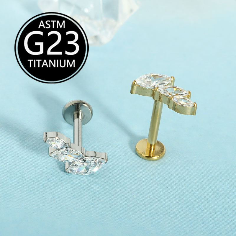 G23 Titanium Lip Piercing Jewelry Marquise Zircon Leaf Diamond Stud 16g Labret - Image 2
