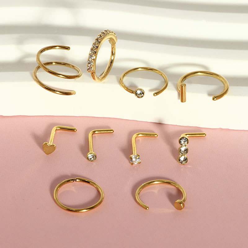 10-Piece Stainless Steel Nose Stud Set with L-Bar and Heart-Shaped Zircon, Bulk Nose Piercing Jewelry for Women Men - Image 2