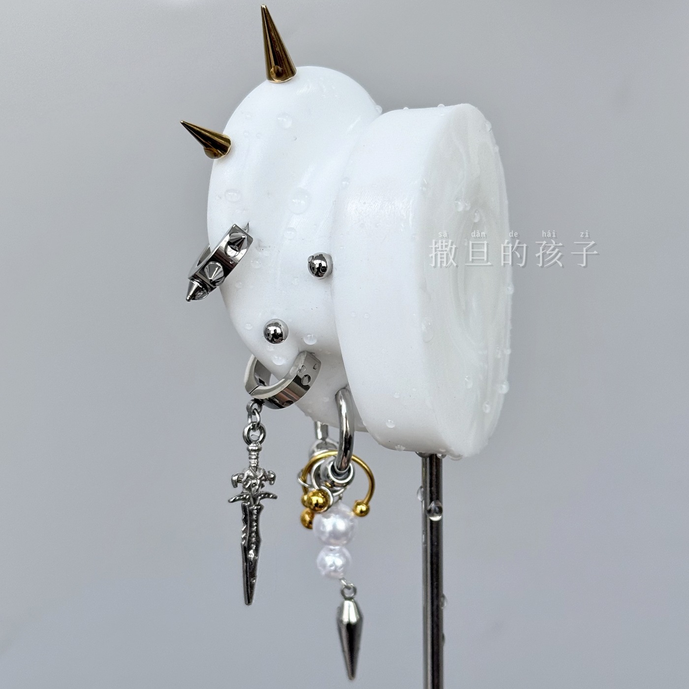 Satan's Child Golden Knight Letter Stud Earrings Punk Subculture Ear Piercing Jewelry Titanium Steel - Image 4