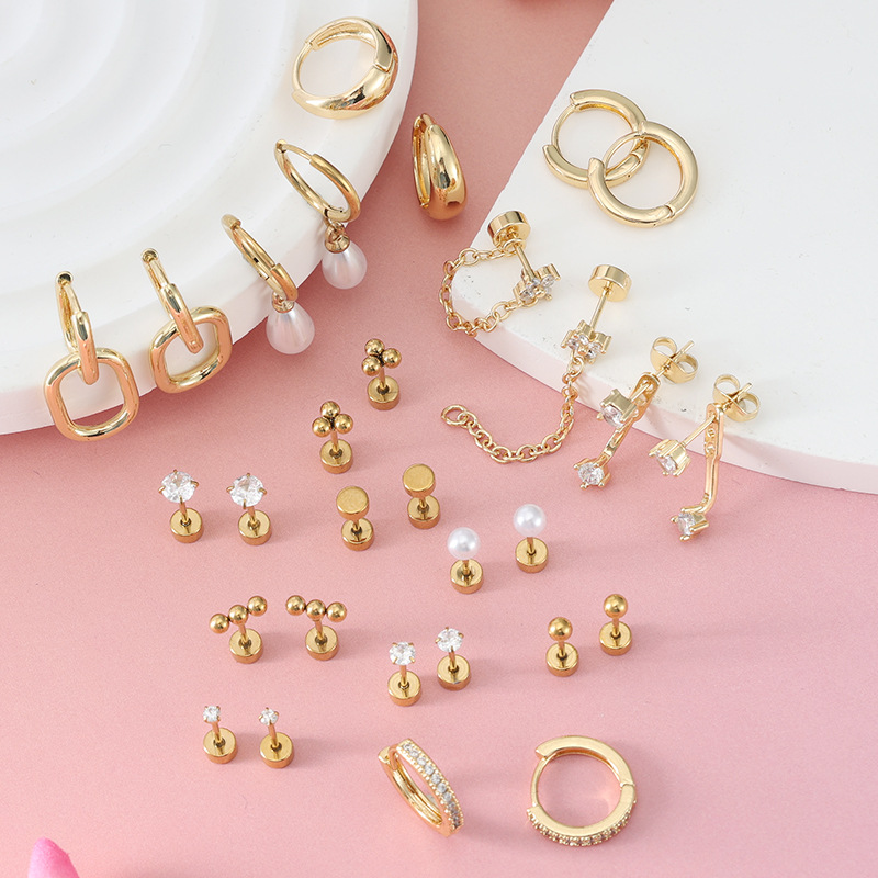 30-Piece Set Stainless Steel Zircon-Encrusted Earrings and Hoops Piercing Jewelry Wholesale - Image 2