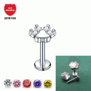 G23 Titanium Bear Paw Lip Stud with Zircon Cat Claw Design for Oral Piercing Jewelry