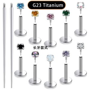 Long Threaded F136 Titanium Lip Stud with Internal Thread and Zirconia Stone, 16G Body Piercing Jewelry for Ear Cartilage, 6-10mm
