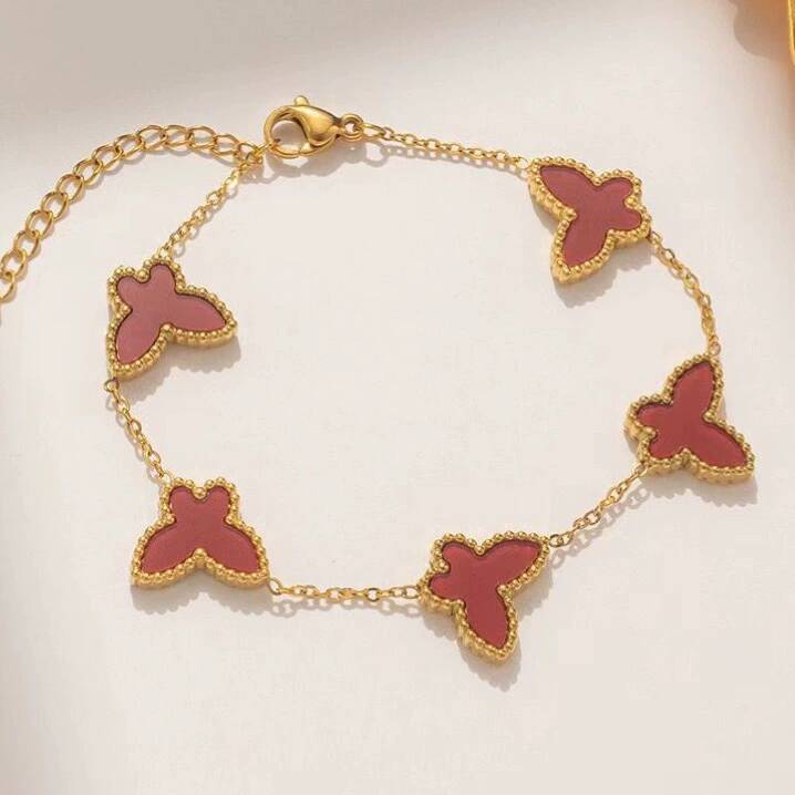 Butterfly Double-Sided Lucky Flower Bracelet Necklace Earrings Set 18K Gold Plated Stainless Steel - Image 5