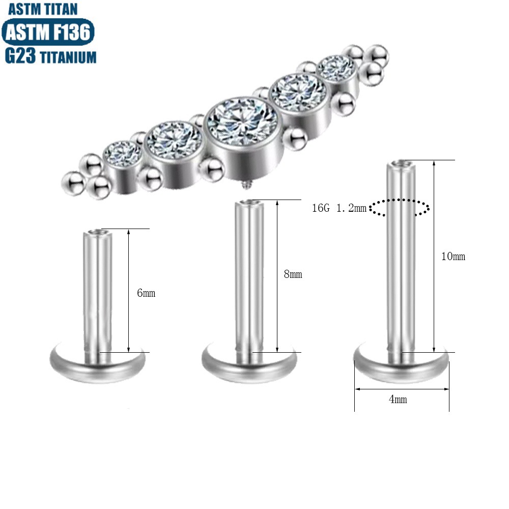 5 Zircon Bead Cluster Lip Ring 1.2x10mm Titanium Alloy Piercing Jewelry Ear Nail Lip Stud - Image 2
