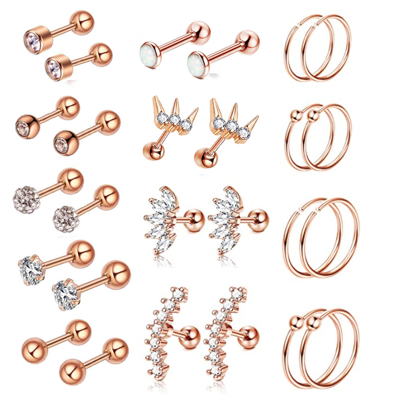 Rose Gold Stainless Steel Diamond Geometric Earring Set for Women - Cartilage Stud Ear Bone Clip - Image 5