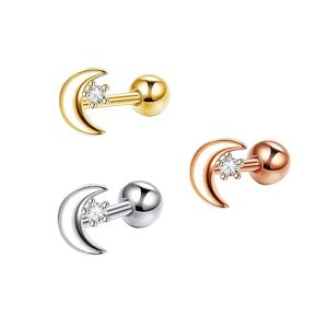 Korean Fashion Star Moon Zircon Crystal Stainless Steel Spiral Ear Bone Stud Cartilage Piercing Jewelry for Women