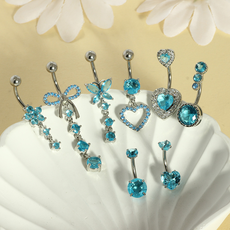 Stainless Steel Zircon Inlaid Heart Navel Ring 4 Colors 8 Piece Set Belly Button Piercing Jewelry - Image 4