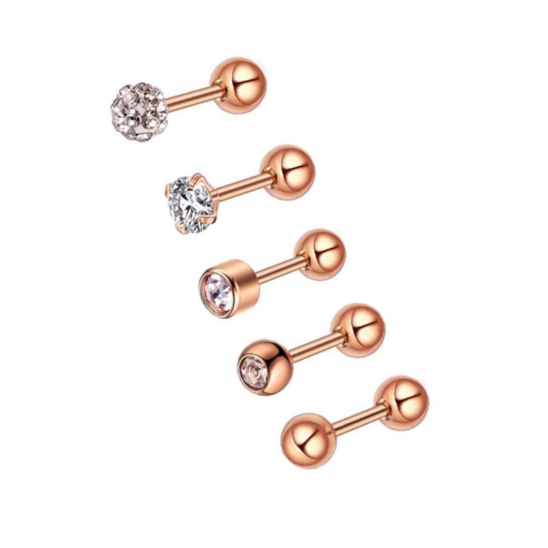 5-Piece Geometric Stainless Steel Zircon Earrings Set - Silver Twisted Studs for Women Men - Image 4