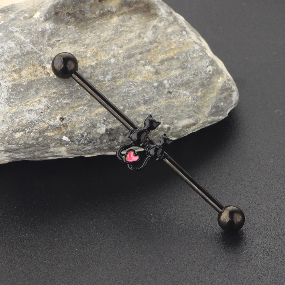 Couple Cat Industrial Barbell Earrings Double Ear Hole Stainless Steel Bridge Ear Studs Ear Bone Ring - Image 3