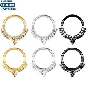 F136 Titanium Alloy Seamless Hinged Nose Ring Bead Cluster CZ Septum Earring - 1.2*12mm Black