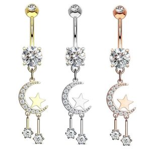 Star Moon CZ Stainless Steel Belly Button Ring Dangle Navel Piercing Jewelry Rose Gold