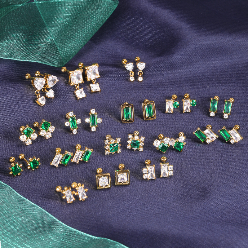 2022 New Emerald Diamond CZ Stainless Steel Earrings Fashion Ear Studs for Women Ear Bone Nail Titanium Steel Ear Pin - Image 4