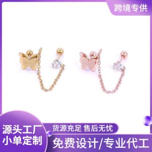 Butterfly Stainless Steel Earring - Rose Gold Zircon Ear Bone Nail for Women