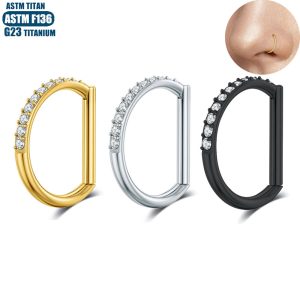 F136 Titanium Alloy Diamond-Encrusted D-Shaped Nose Ring Implant-Grade Closed Ring Seamless Ring Diaphragm Cartilage Earrings