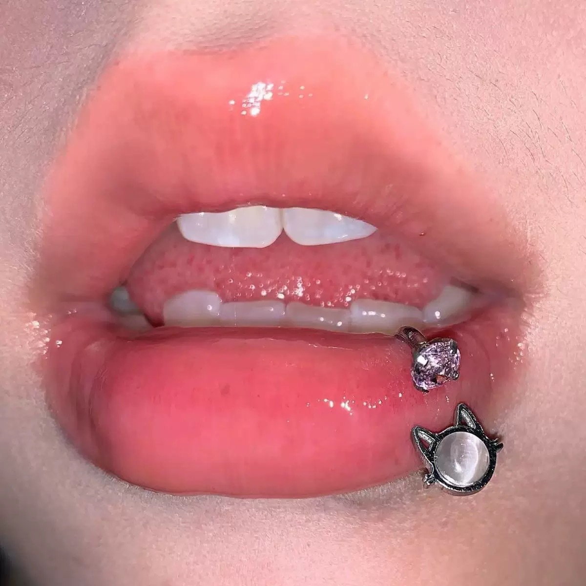 Cat Eye Stone Lip Ring 12mm Internally Threaded Titanium Steel Lip Hoop CZ Zircon Pink - Image 2