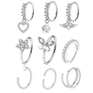 Stainless Steel Heart Nose Ring 20G Nose Nail Piercing Jewelry 9-Piece Set Trendy Classic