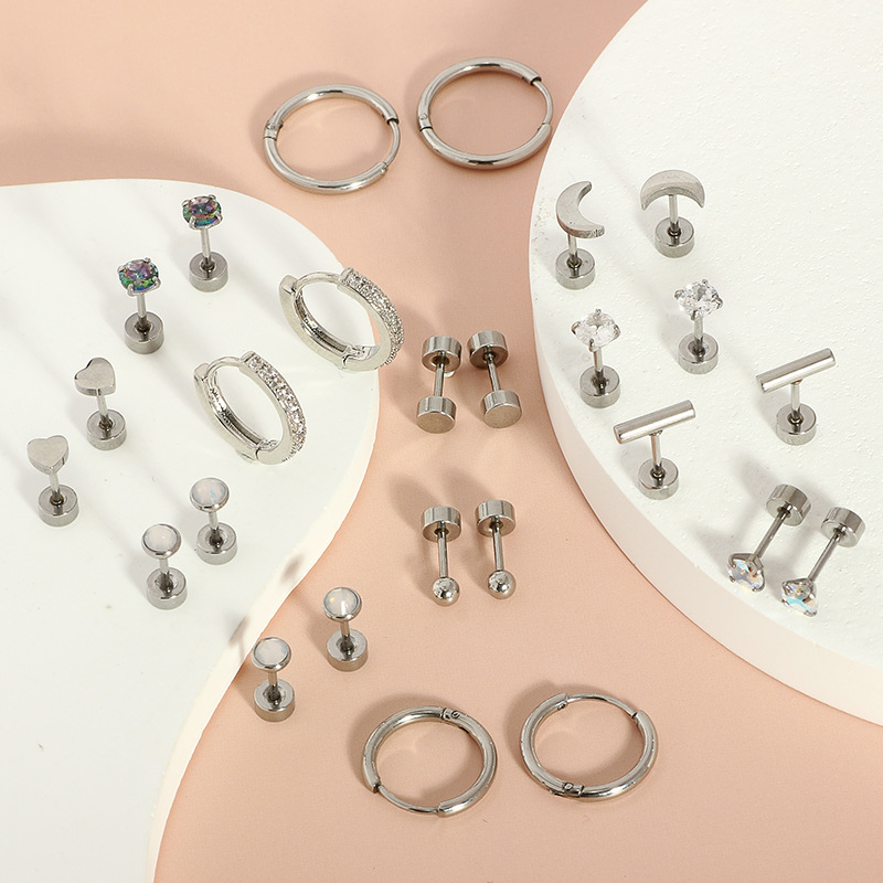 Amazon Best Selling 26Pcs 316L Stainless Steel Round CZ Earring Set Fashion Jewelry Wholesale - Image 4