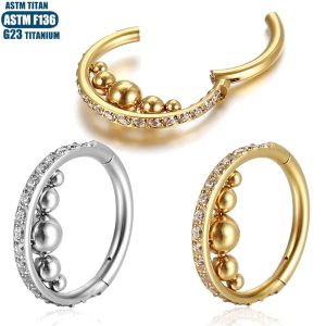G23 Titanium Nose Ring with Zircon Outer Side, Internally Welded Ball Hinge Seamless Septum Ring