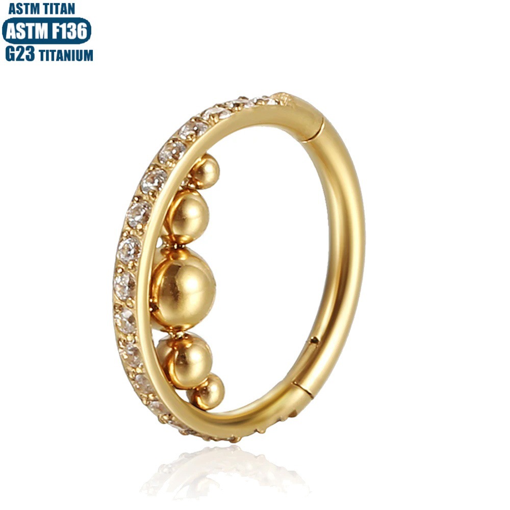 G23 Titanium Nose Ring with Zircon Outer Side, Internally Welded Ball Hinge Seamless Septum Ring - Image 3