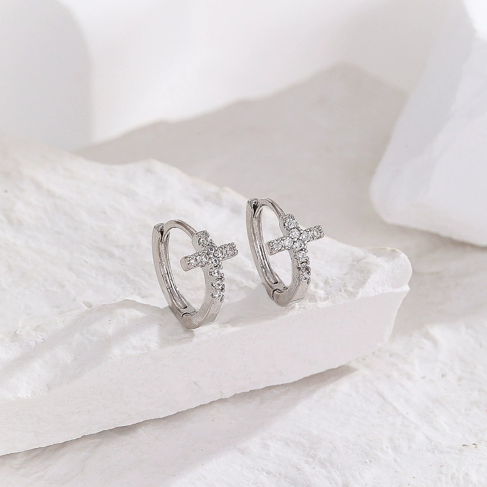 Cross Cross Inlaid Zircon Earrings for Women Hoop Ear Buckle Simple Niche Design - Image 2