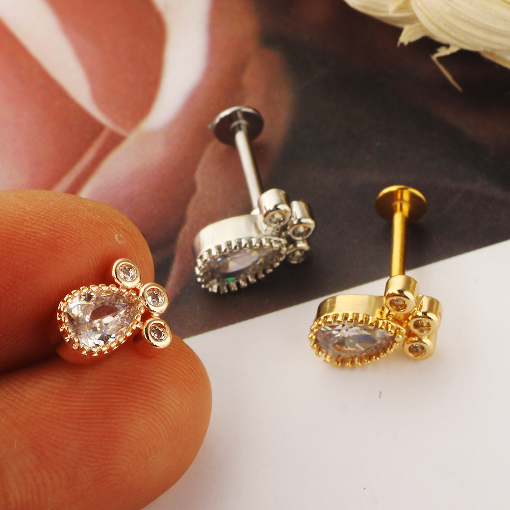 Zircon Stainless Steel Women's Ear Bone Nail Screw Earrings Piercing Jewelry Earrings Lip Nail Lip Ring Water Drops - Image 2