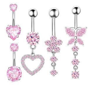Heart-Shaped 5-Piece Belly Button Ring Set with CZ Stones - Silver 316L Surgical Steel Body Piercing Jewelry