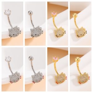 Hello Kitty Navel Button Belly Ring Cartoon Cute Girl Gold Copper Fashion Piercing Jewelry