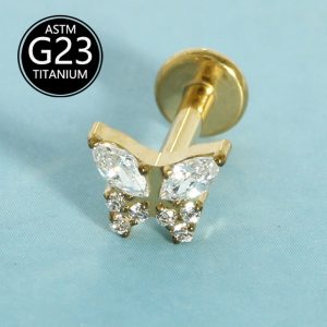 G23 Titanium Diamond Butterfly CZ Lip Labret Stud Implant Grade Body Piercing Jewelry