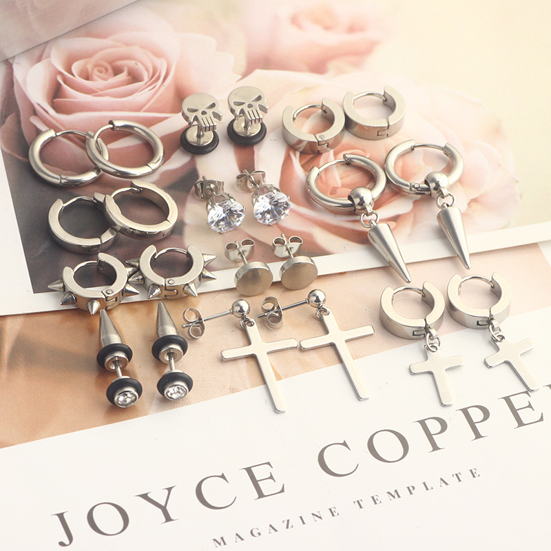 12 Pair Black Stainless Steel Cross Dumbbell Earrings Set - Cartilage Hoops for Men Women - Image 5